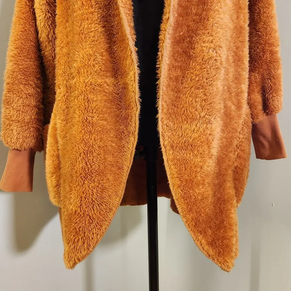 ZENANA Hooded Faux Fur Jacket with Pockets, Almond Brown, Size Medium